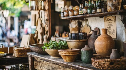 Traditional market stall with handmade pottery and baskets
