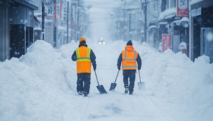 Two Workers Shovel Snow on a Snowy City Street