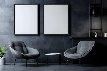 Two blank white poster mockup in a modern office. 3d rendering