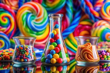 Adorable Candies & Beakers on Vibrant Science Print: Fun, Colorful Stock Photo