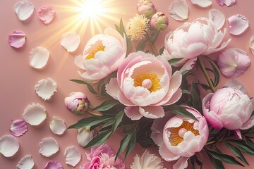 Charming Pastel Peony Petals Display Bathed in Soft Sunlight on Blush Background