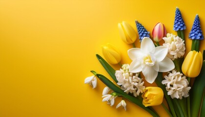 Fototapeta premium on a simple yellow background spring flowers including snowdrops hyacinths and roses symbolize the onset of spring and the traditional romanian martisor celebration observed on march 1st
