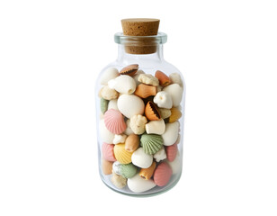 Glass jar full of multicolored candies isolated on transparent background