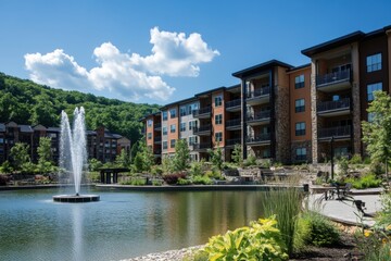exterior view of an apartment complex in downtown West Virginia, near a mountain lake with a fountain and a large outdoor pool area, surrounded by modern architectural buildings Generative AI