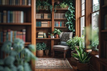 Cozy Reading Nook with Soft Blurred Library Aesthetic Adorned Books and Lush Plants for Relaxing Ambiance