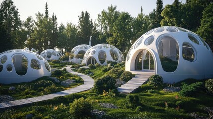 Futuristic eco-domes nestled within a verdant forest landscape