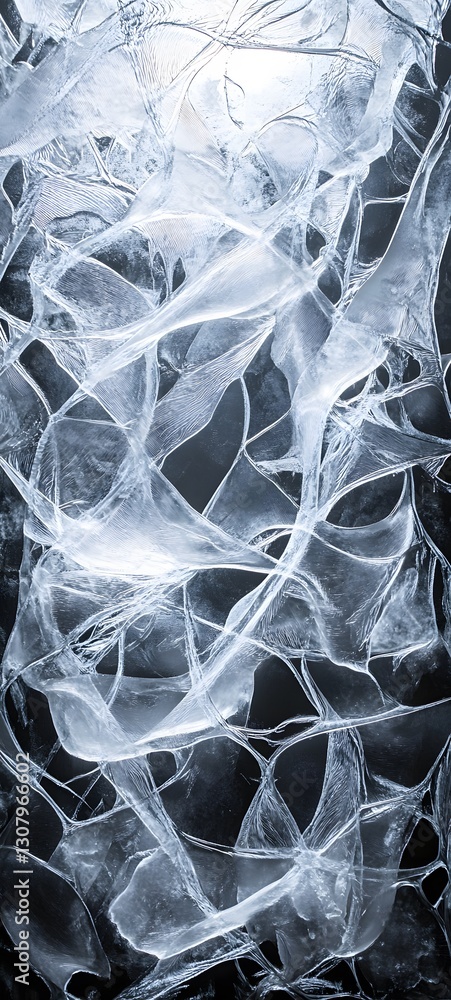 Poster a surreal ice-weaving pattern where interlaced frozen strands appear translucent and reflective