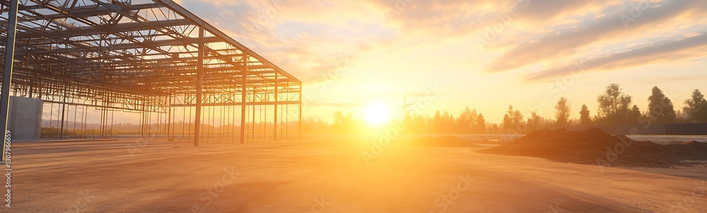 Poster sunrise over a construction site with steel framework and a clear sky, creating a warm, golden atmos