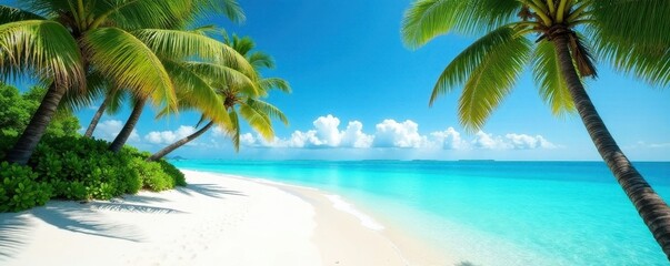 Azure water laps white sand, palm trees sway gently , relaxation, blue