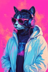 Generative AI illustration of fantasy character with cat head in sunglasses and headphones wearing white jacket listening to music against pink and blue background