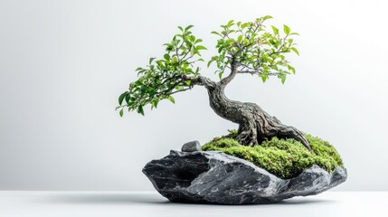 Fototapeta premium Miniature bonsai tree on a rock, isolated on white.