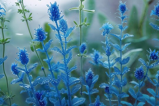 Glistening Blue Botanicals Behind Frosted Glass for a Dreamy Aesthetic