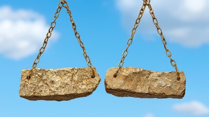 Rustic Stone Signs Hanging from Golden Chains Against a Blue Sky