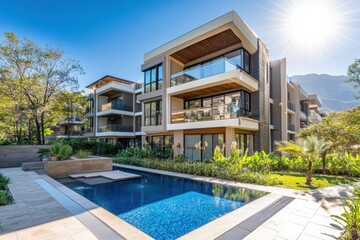 a modern apartment building with a pool in the city center The exterior design features a luxury, high-end architectural style, with large balconies for each unit Generative AI