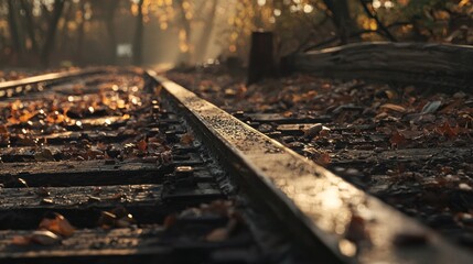 Autumnal railway track disappearing into misty woods.