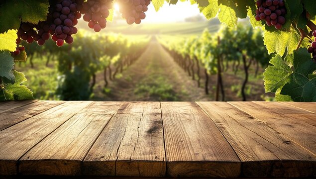 Sunlit Vineyard Rows with Ripe Red Grapes and Wooden Table
