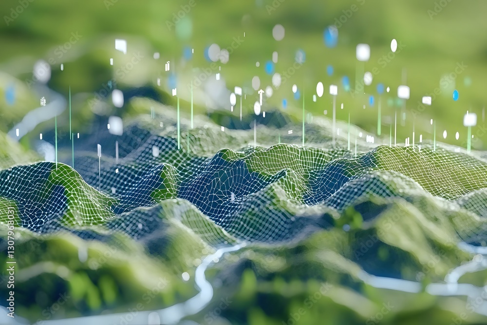 Poster abstract 3d render of green hills with data visualization overlay technology and nature concept