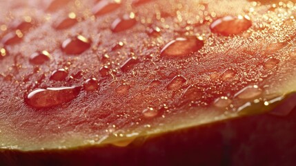 Close-up of juicy watermelon slice with water droplets.