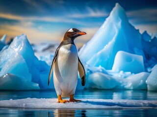 Obraz premium Adorable Gentoo Penguin on Antarctic Ice, Striking Blue Background - Wildlife Stock Photo