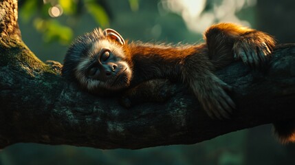 Detailed Capuchin Monkey Lying on Tree