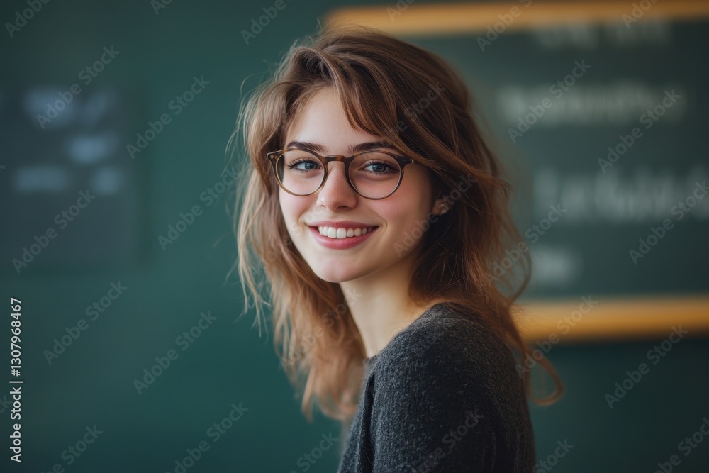 Poster portrait of cheerful hipster girl in optical spectacles for provide eyes protection looking at camer