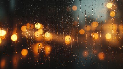 Obraz premium Rainy night city lights blurred through wet window.