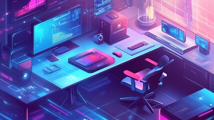 Cyberpunk Gamer Workstation: Neon Glow and Digital Art