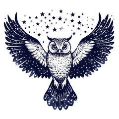 A celestial owl with stars embedded in its wings, isolated on a white background.
