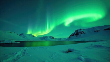 Naklejka premium Intense green aurora drapes over snow covered hills near Tromso, Arctic, Aurora