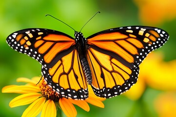 Fototapeta premium Monarch Butterfly on Yellow Flower: A Vibrant Nature Close-Up