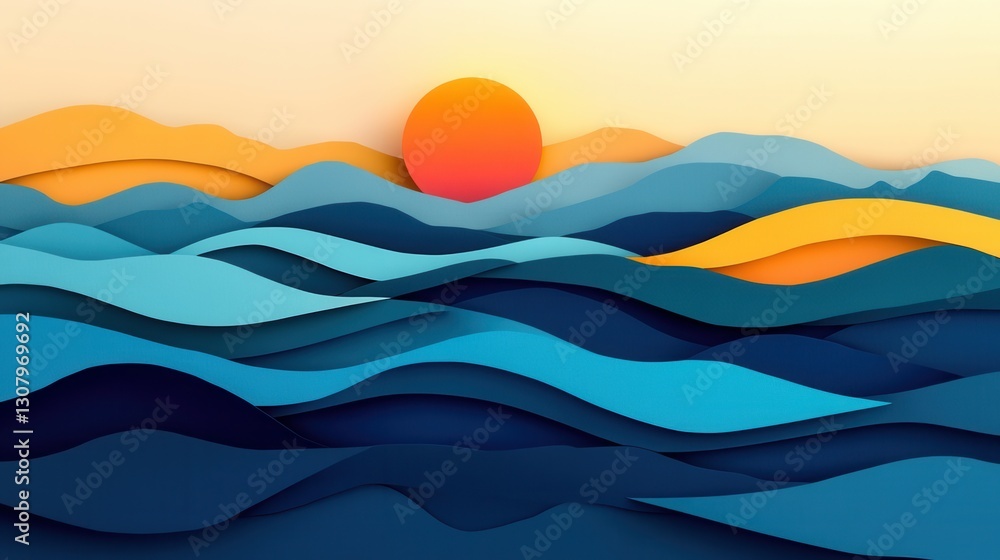 Poster vibrant paper art landscape featuring layered waves, mountains, and a warm sun creating a dynamic tr