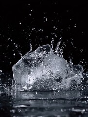 Icy Plunge, A Captivating Splash of Frozen Water on Dark Reflective Surface