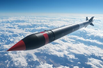 Cruise Missile Flight over Mountainous Terrain High Altitude Aerial View