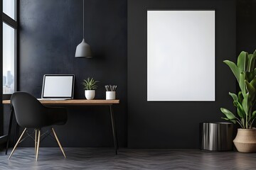 Blank white poster mockup in a modern office