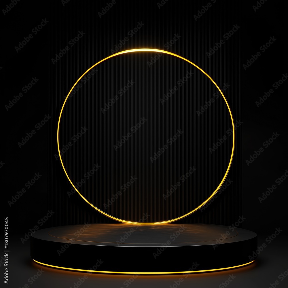 Poster a sleek black presentation podium stand features a circular design with elegant gold lines. the stan