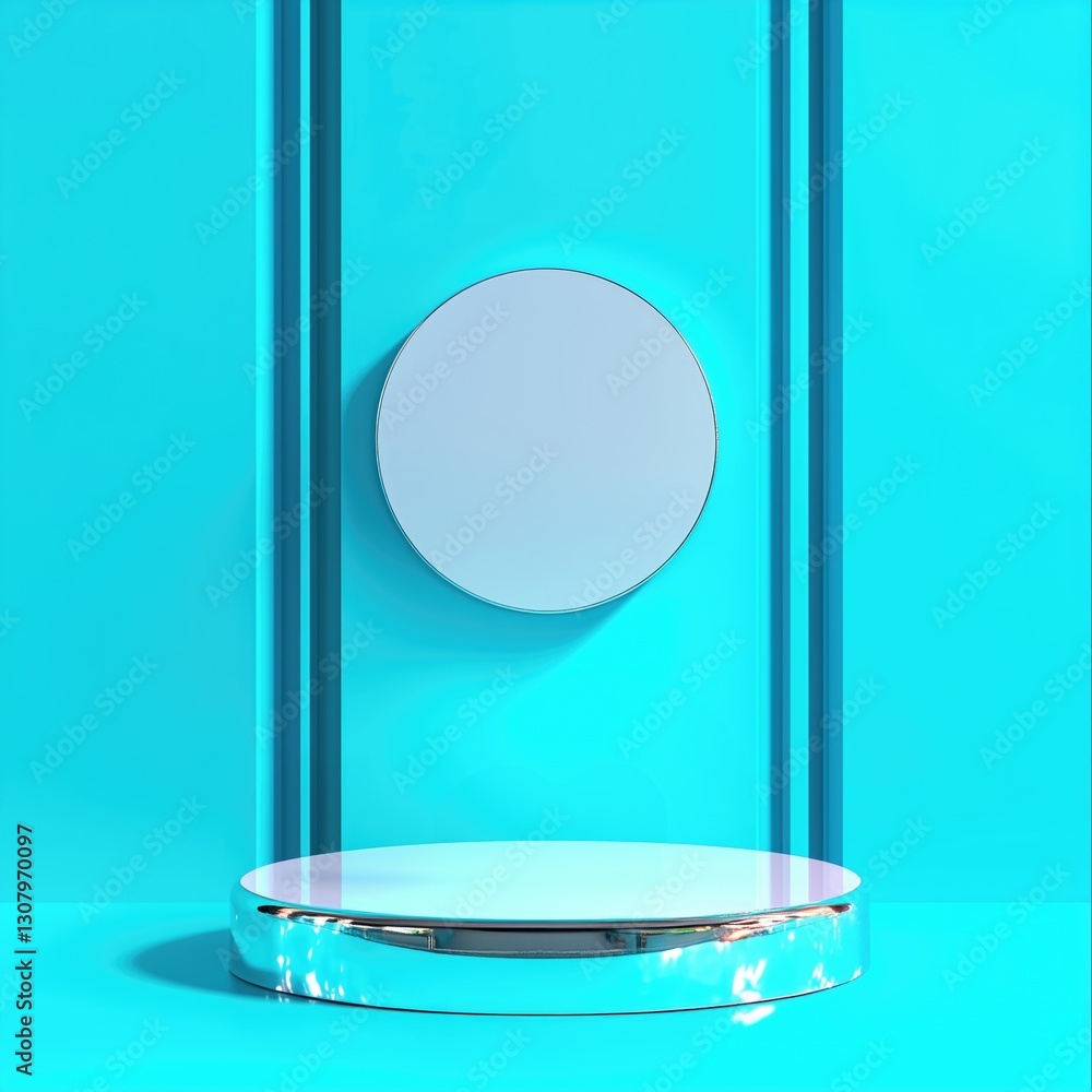 Poster an empty display stand podium is set against a bright blue backdrop. the modern design suggests it w