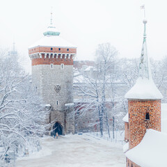Florian Gate in Krakow, Poland during snowy winter