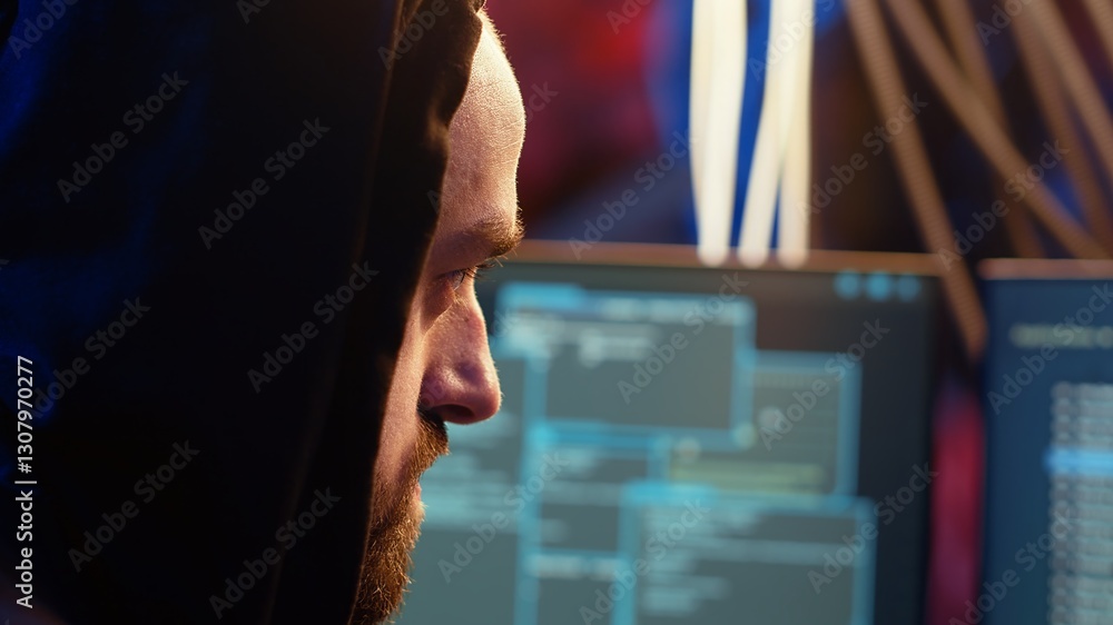 Poster malicious man hacking, stealing credit card numbers and manipulating banking systems for his own per