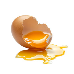 A cracked egg with yolk spilling isolated on white