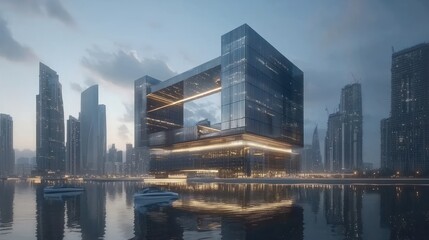 Modern glass skyscraper at dawn, reflected in calm water with yachts.