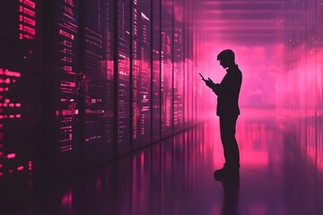 Man Reviewing Data Center Server Room Displays Technology Digital Pink Light