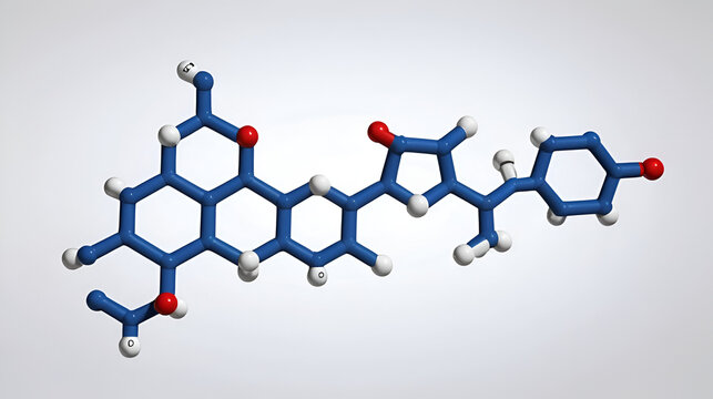 Harmaline indole alkaloid molecule. Found in Syrian rue (Peganum harmala). 3D rendering. Atoms are represented as spheres with conventional color coding.