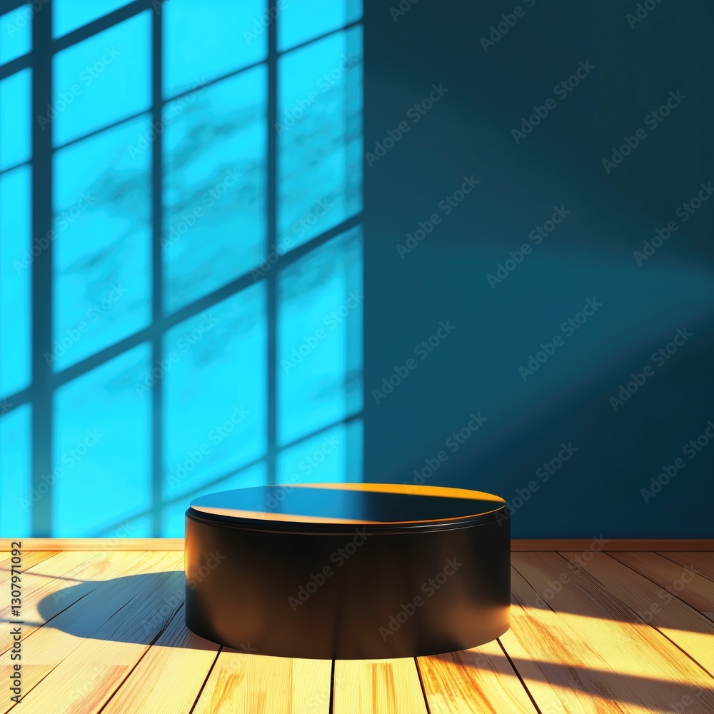 Poster sunlight streams through large windows, creating striking shadows on the wooden floor where an empty
