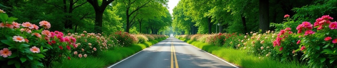 Fototapeta premium Roadway enveloped by lush foliage and blooming flowers, botanical photography, greenery