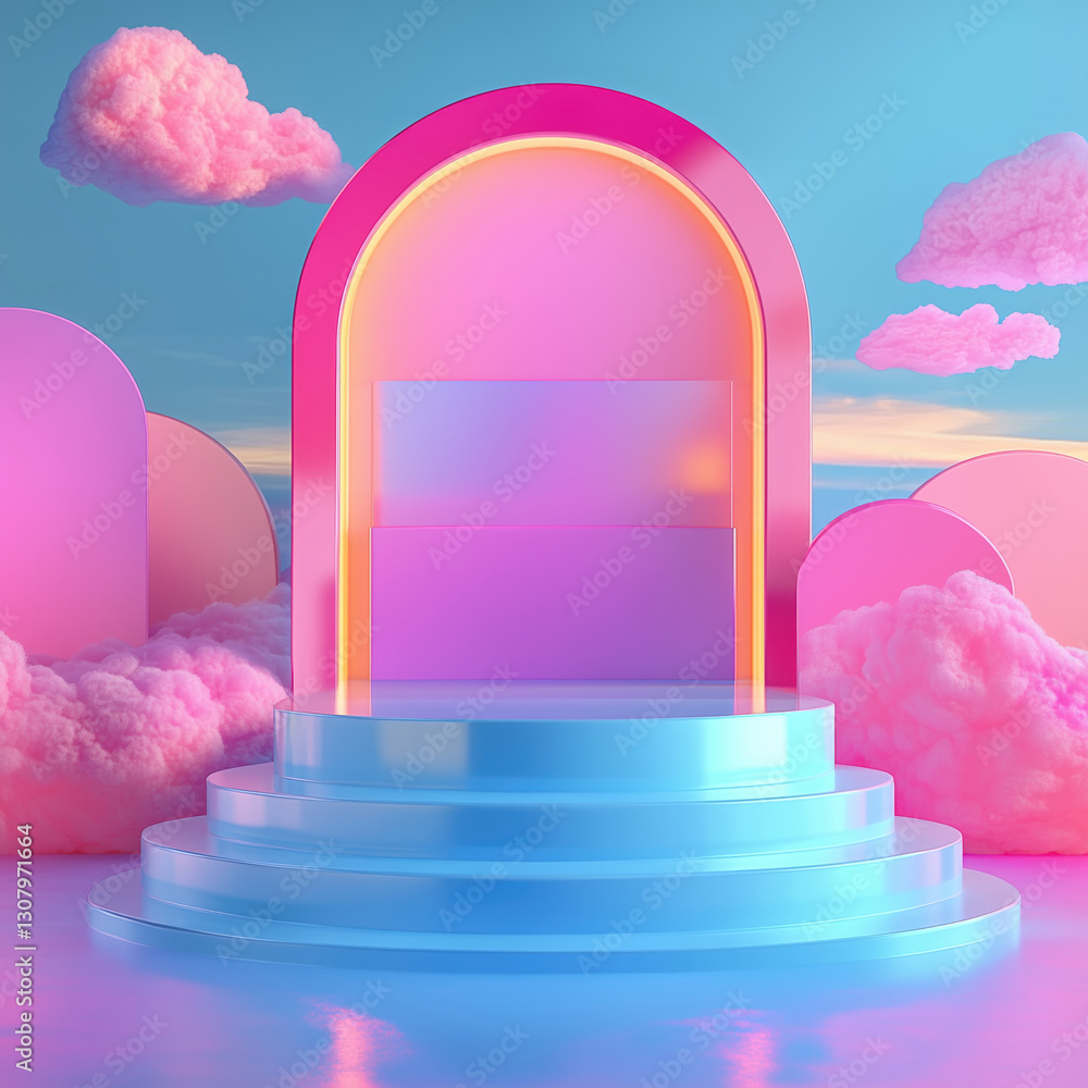 Poster bright pastel colors fill the space around an empty display stand podium. soft clouds hover in the b
