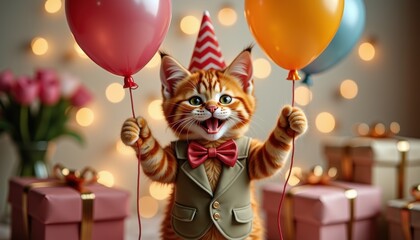 Charming cat in stylish party attire holding balloons in festive scene