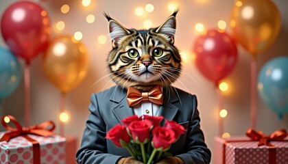 Fototapeta premium Fashionable cat in suit and bow tie holding roses in party setting