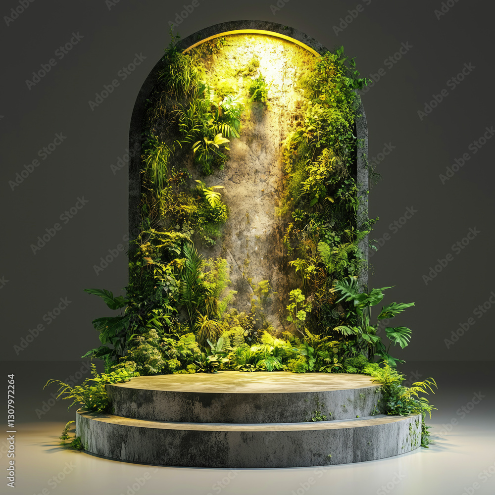 Poster an empty podium designed for ecological displays stands elegantly illuminated. it features a texture