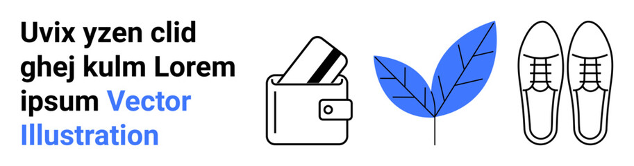 Wallet with credit card, a blue leaf, and pair of shoes. Ideal for finance, nature, fashion, e-commerce, online shopping website banners marketing content sustainable living. Landing page