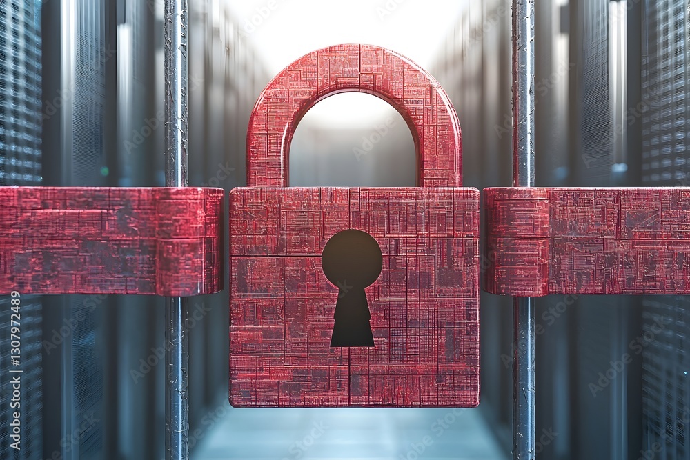 Poster secure data center red padlock cybersecurity concept digital lock protecting server room